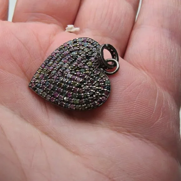 $1700 Turmaline Multi ColorHeart Silver Vintage Pendent